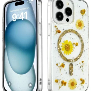 Newface İphone 14 Pro Kılıf Daisy Simli Magsafe Kapak - Gold