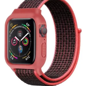 Newface Apple Watch 38mm Hasırlı Cırtcırtlı Kasalı Kordon - Siyah-pembe