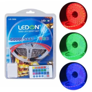 Ledon Ld-1606 Su Geçirmez 5 Metre Rgb Şerit Led Animasyon Devreli Adaptörlü Set 5050 3 Çipli Silikonlu