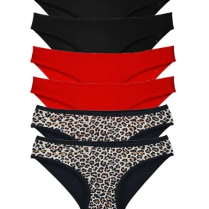 6 Adet Özel Set Likralı Yumuşak Dokulu Kadın Slip Külot Leopar Siyah Kırmızı