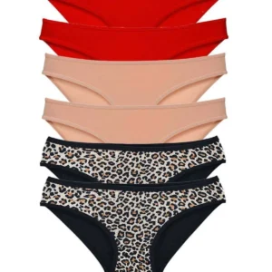 6 Adet Likralı Kadın Slip Külot Leopar Kırmızı Ten