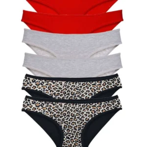 6 Adet Likralı Kadın Slip Külot Leopar Kırmızı Gri