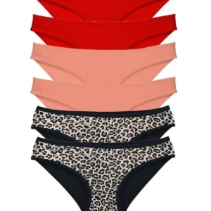 6 Adet Likralı Kadın Slip Külot Leopar Kırmızı Pudra
