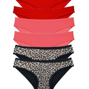 6 Adet Likralı Kadın Slip Külot Leopar Kırmızı Fuşya