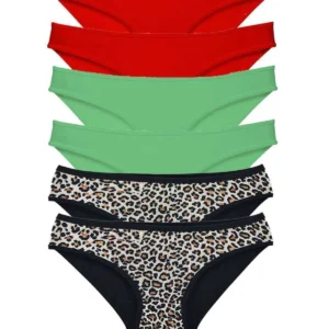 6 Adet Likralı Kadın Slip Külot Leopar Kırmızı Yeşil