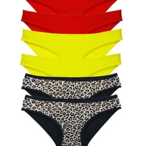 6 Adet Likralı Kadın Slip Külot Leopar Kırmızı Sarı