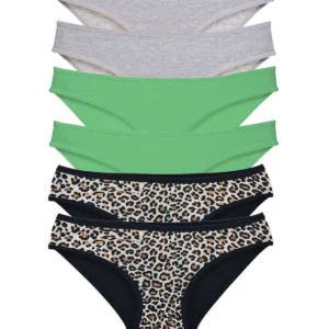 6 Adet Likralı Kadın Slip Külot Leopar Gri Yeşil
