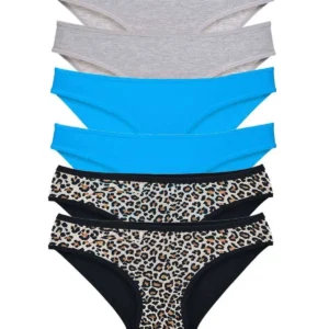 6 Adet Likralı Kadın Slip Külot Leopar Gri Mavi