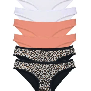 6 Adet Likralı Kadın Slip Külot Leopar Beyaz Pudra