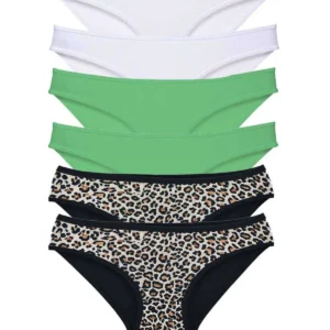 6 Adet Likralı Kadın Slip Külot Leopar Beyaz Yeşil