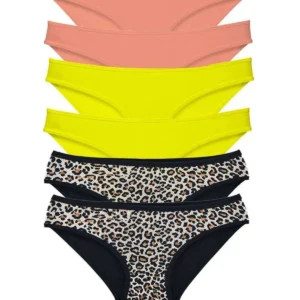 6 Adet Likralı Kadın Slip Külot Leopar Pudra Sarı