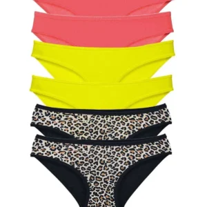 6 Adet Likralı Kadın Slip Külot Leopar Fuşya Sarı