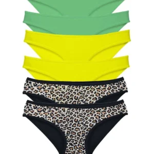 6 Adet Likralı Kadın Slip Külot Leopar Yeşil Sarı