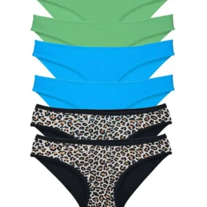 6 Adet Likralı Kadın Slip Külot Leopar Yeşil Mavi