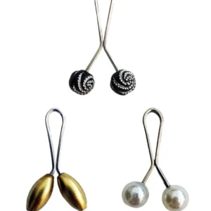 3 Adet Tesettür Eşarp ve Şal Klipsi Sarı İnci Beyaz Siyah Desenli