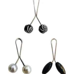 3 Adet Tesettür Eşarp ve Şal Klipsi İnci Beyaz Siyah Siyah Desenli