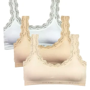 3 Adet Dantel Nakış İşlemeli Pedli Bambu Kadın Büstiyer Beyaz Ten Krem