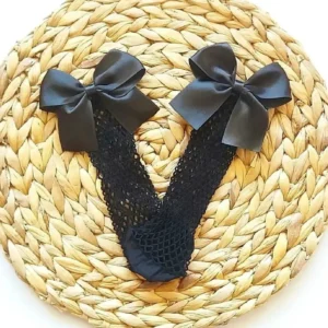 Siyah Fileli Diz Altı Fiyonklu Kız Çocuk Çorap