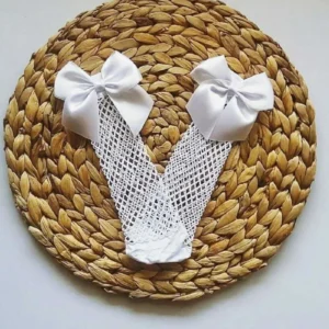 Beyaz Fileli Diz Altı Fiyonklu Kız Çocuk Çorap