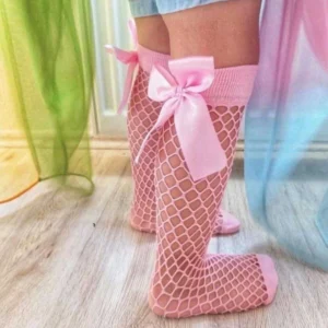 Pembe Fileli Diz Altı Fiyonklu Kız Çocuk Çorap