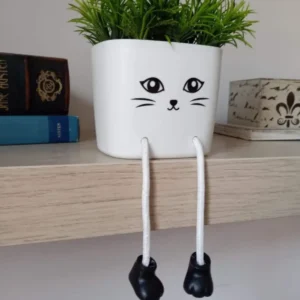 Sallanan Ayaklı Kedicik Saksıda Yapay Çiçek Beyaz