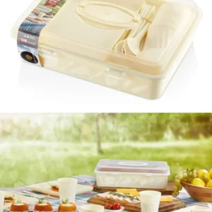 32 Parça Piknik Seti Piknik Tabak Çatal Kaşık Bıçak Bardak Ve Saklama Çantası Krem Rengi