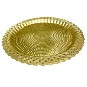 Örgü Desenli Plastik Yuvarlak Altın Rengi Tepsi 28 x 28 cm