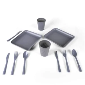 11 Parça Piknik Seti Piknik Tabak Çatal Kaşık Bıçak Bardak Ve Saklama Çantası Koyu Gri Rengi