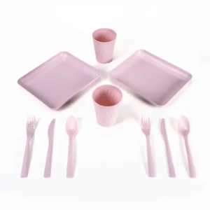 11 Parça Piknik Seti Piknik Tabak Çatal Kaşık Bıçak Bardak Ve Saklama Çantası Pudra Rengi