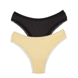 2 Adet Kadın Mikro Bikini Külot İnce Lastik FırFır Kenarlı Yumuşak Doku İç Giyim Siyah Ten