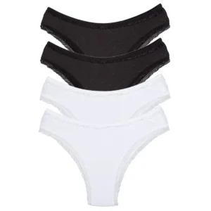4 Adet Kadın Mikro Bikini Külot İnce Lastik FırFır Kenarlı Yumuşak Doku İç Giyim Siyah Beyaz