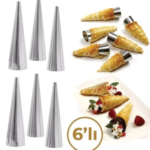 6'lı Paslanmaz Çelik Kornet Hamur Şekil Verici Külah Şekilli Korneo Kruvasan Kalıbı 6 Adet Kulah