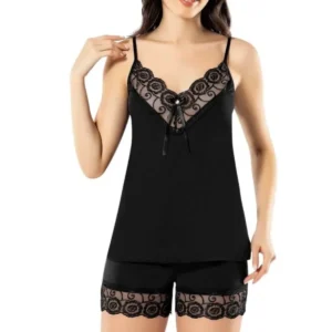 Kadın Siyah Şortlu Takım Ev Giyim Gecelik Dantelli Pijama Uyku Kıyafeti 6341