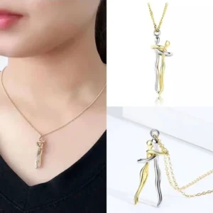 Sarılan Sevgililer Uçlu Çift Renk İnce Zincirli Tasarım Kolye 40 cm