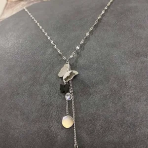 Gümüş Renk Kelebeğin Dansı Sarkıtmalı Tasarım Çelik Kolye 40 cm