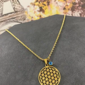 Altın Kaplama Kalın Zincir Nazar Boncuklu Çelik Hayat Ağacı Kolye 40 cm