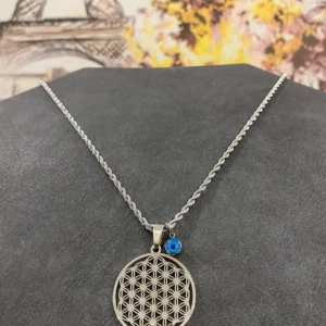 Gümüş Renk Kalın Zincir Nazar Boncuklu Çelik Hayat Ağacı Kolye 40 cm