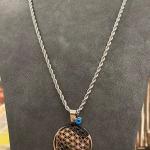 Gümüş Renk Kalın Uzun Zincir Nazar Boncuklu Çelik Hayat Ağacı Kolye 60 cm