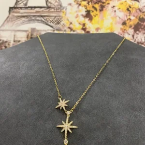 Altın Kaplama Özel Tasarım Kar Tanesi Taşlı Çelik Kolye 40 cm