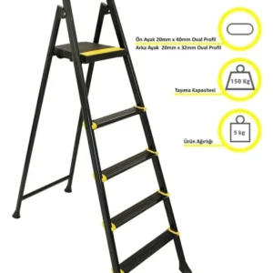 Siyah Katlanır Merdiven 4+1 Basamak Kaydırmaz Ayaklı