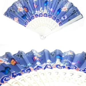 Şık Mavi Kelebek Desenli Doğal Serinletici Katlanabilir Yelpaze