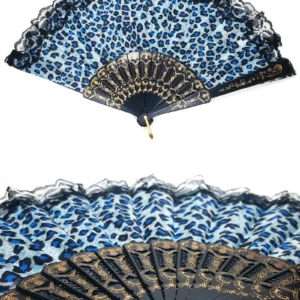 Şık Leopar Mavi Desenli Doğal Serinletici Katlanabilir Yelpaze