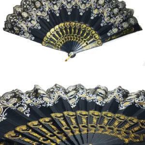 Şık Siyah Desenli Doğal Serinletici Katlanabilir Yelpaze