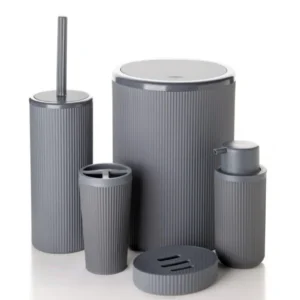 Banyo Takımı Gri- Gri Çizgili Yuvarlak 5'li Banyo Seti