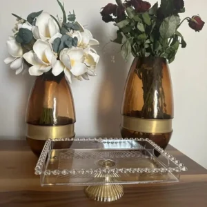 Boncuklu Pleksi Gold Ayaklı Kahve Çikolata Pasta Sunum Servis Tepsisi