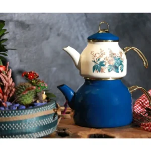 Büyük Boy 1. kalite Emaye Çaydanlık Takımı - Mavi Beyaz Desenli