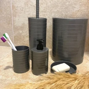 Banyo Seti 5'li Gri Çöp Kovası Wc Fırçalık Sıvı Sabunluk Katı Sabunluk