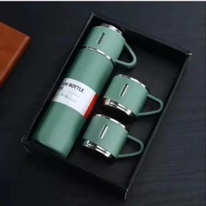 Üç Bardaklı Kutulu Paslanmaz Termos Seti Yeşil 500 ml Çelik Termos