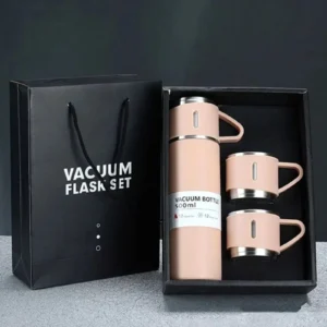 Üç Bardaklı Kutulu Paslanmaz Termos Seti Ekru 500 ml Çelik Termos