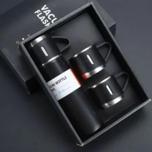 Üç Bardaklı Kutulu Paslanmaz Termos Seti Siyah 500 ml Çelik Termos